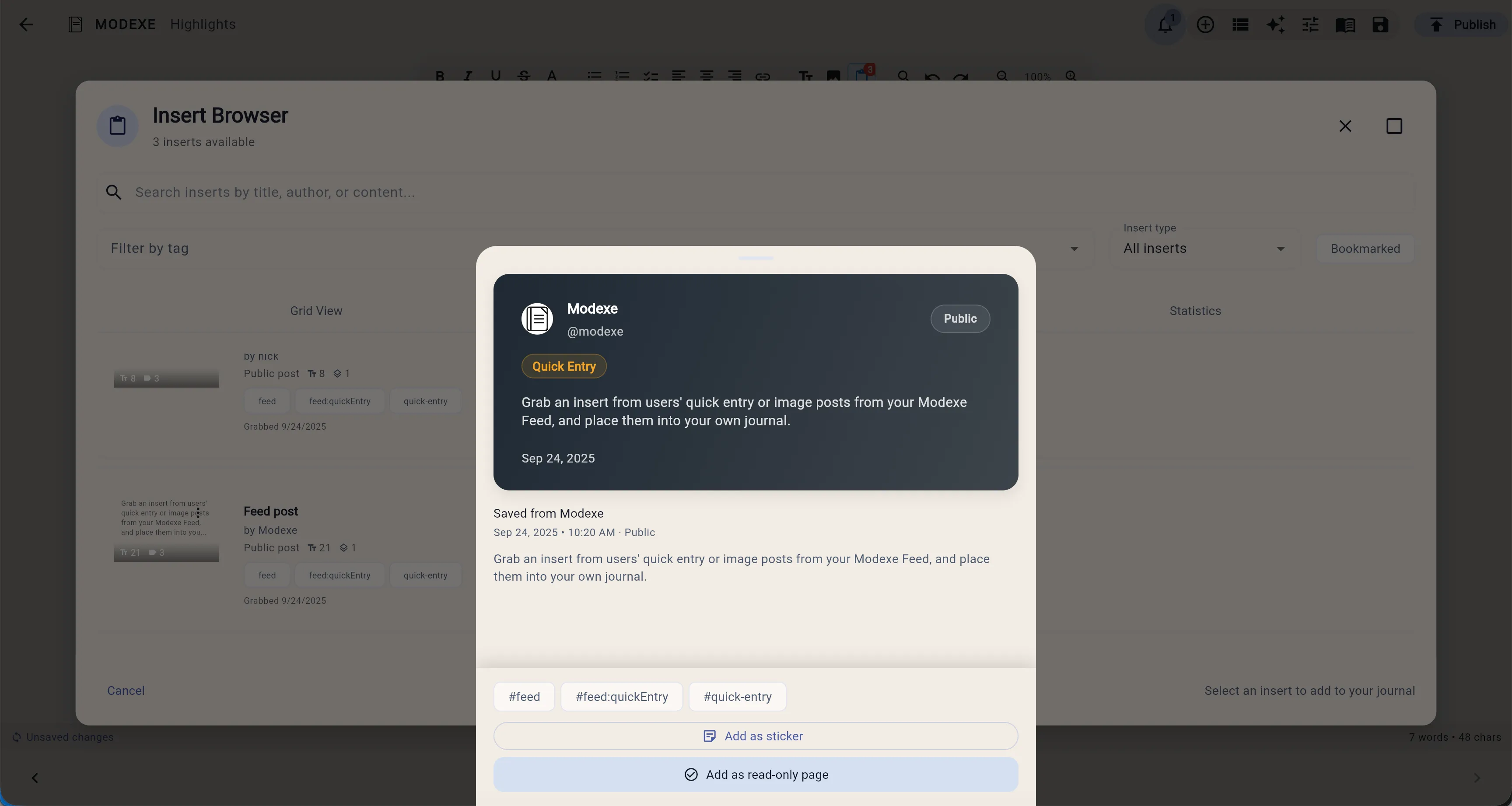 Modexe insert functionality preview